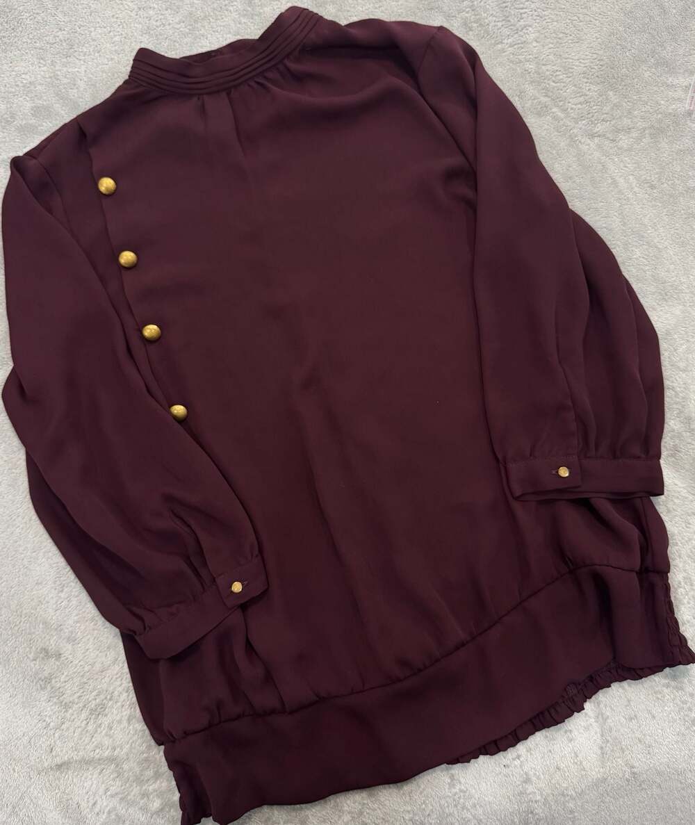 New York & Company Burgundy Chiffon High Neck Blouse with Gold Buttons